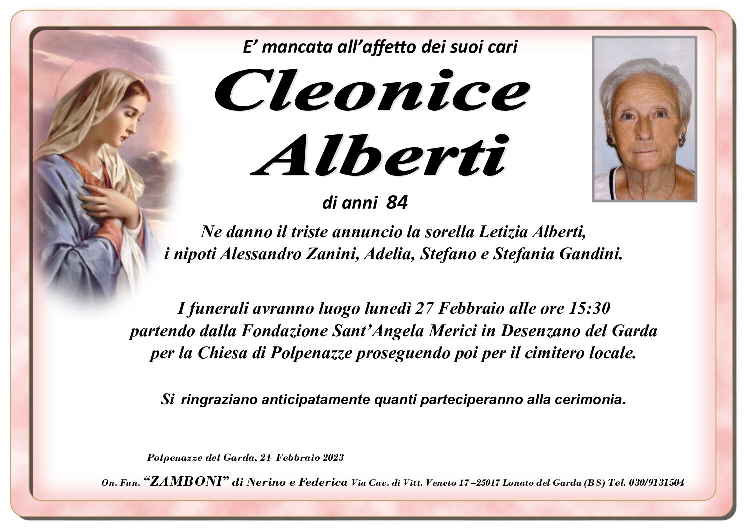 Necrologio CLEONICE ALBERTI