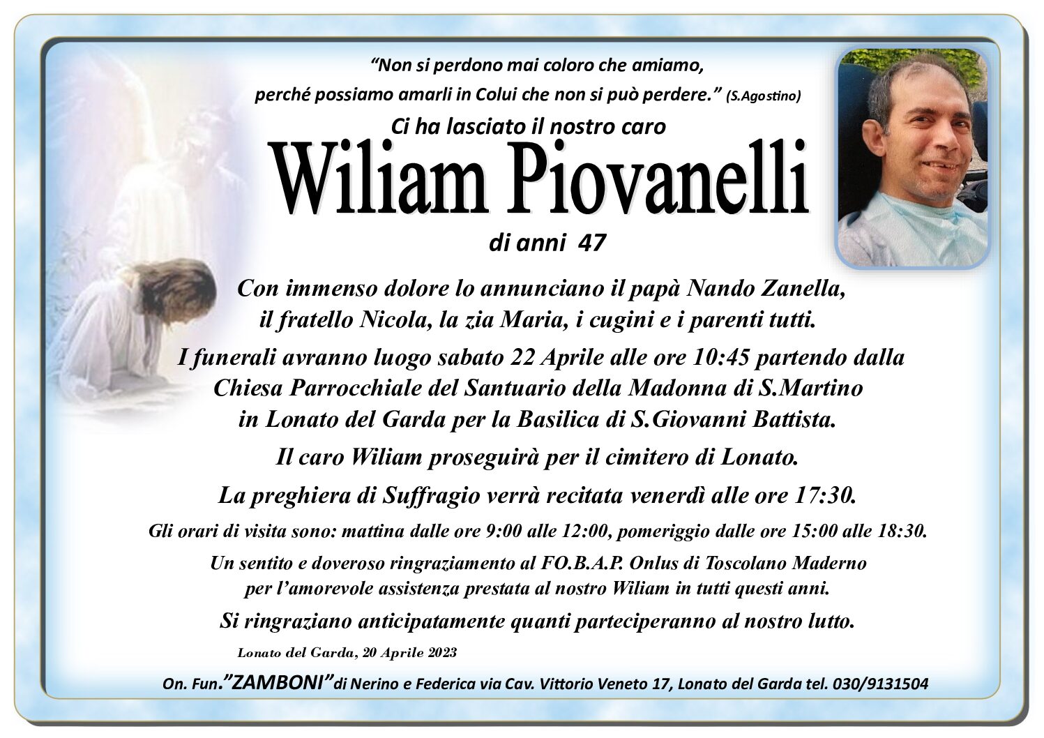 Necrologio WILIAM PIOVANELLI