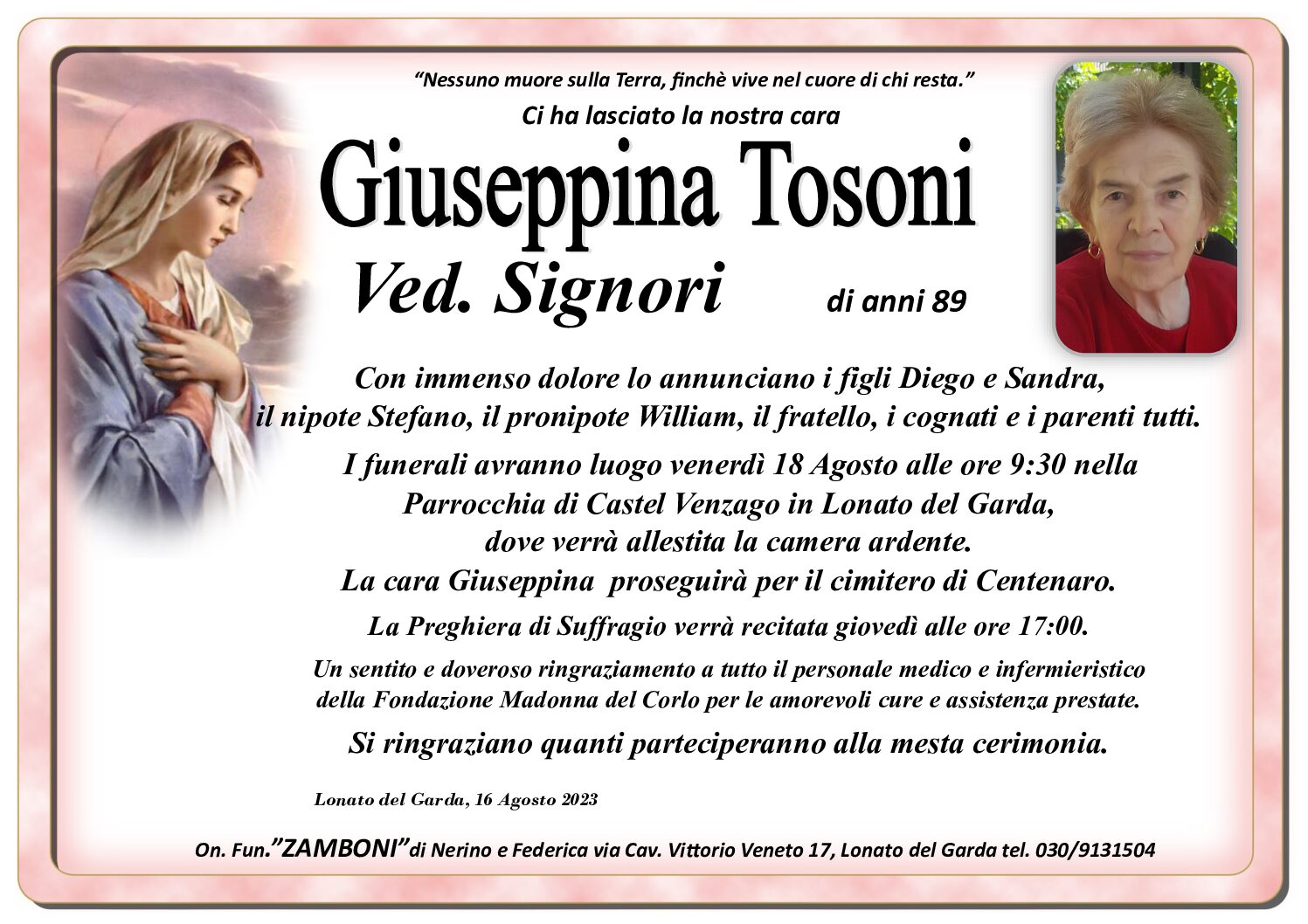 Necrologio GIUSEPPINA TOSONI