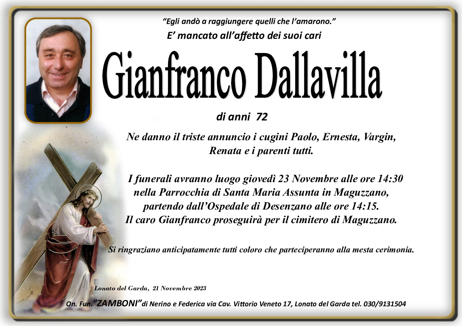 Necrologio GIANFRANCO DALLAVILLA